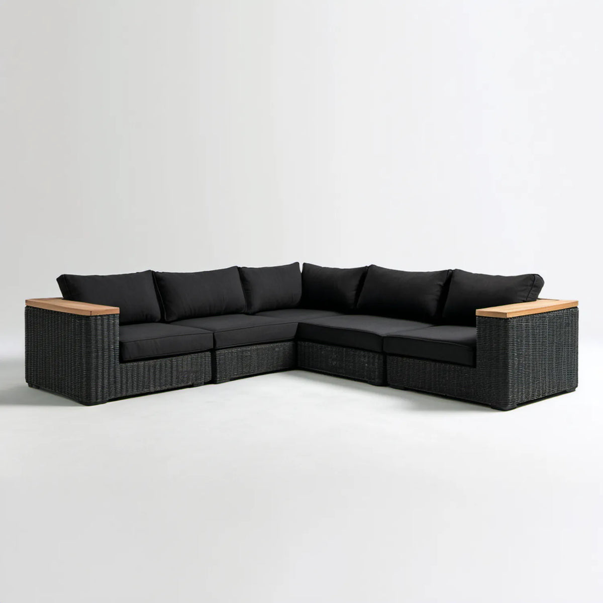 Narożna sofa ogrodowa 5-osobowa z technorattanu PE, czarna/naturalna, 220 x 220 x 65 cm