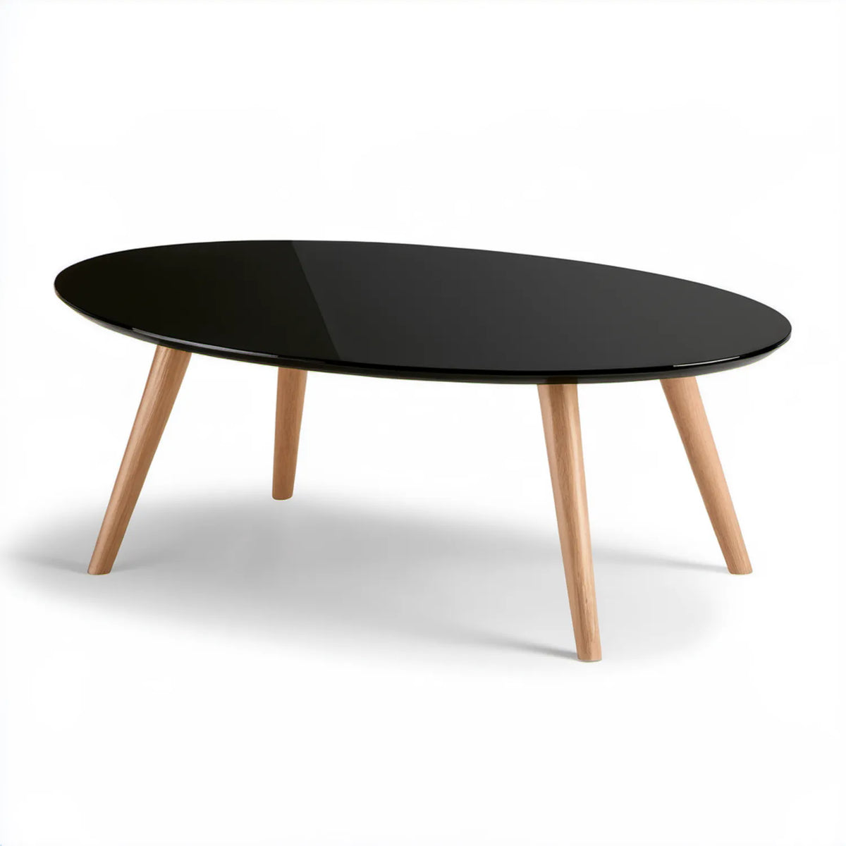 Owalny stolik kawowy ze szkła hartowanego, czarny, nogi z litego dębu, 100 x 60 x 45 cm