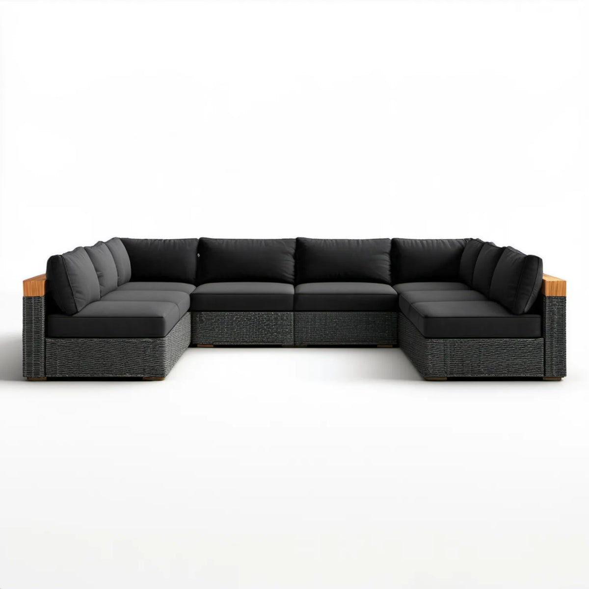 Modułowa sofa ogrodowa w kształcie U z technorattanu PE, Czarny/Brązowy/Ciemnoszary, 300 x 220 x 72 cm
