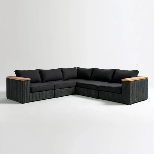 Narożna sofa ogrodowa 5-osobowa z technorattanu PE, czarna/naturalna, 220 x 220 x 65 cm