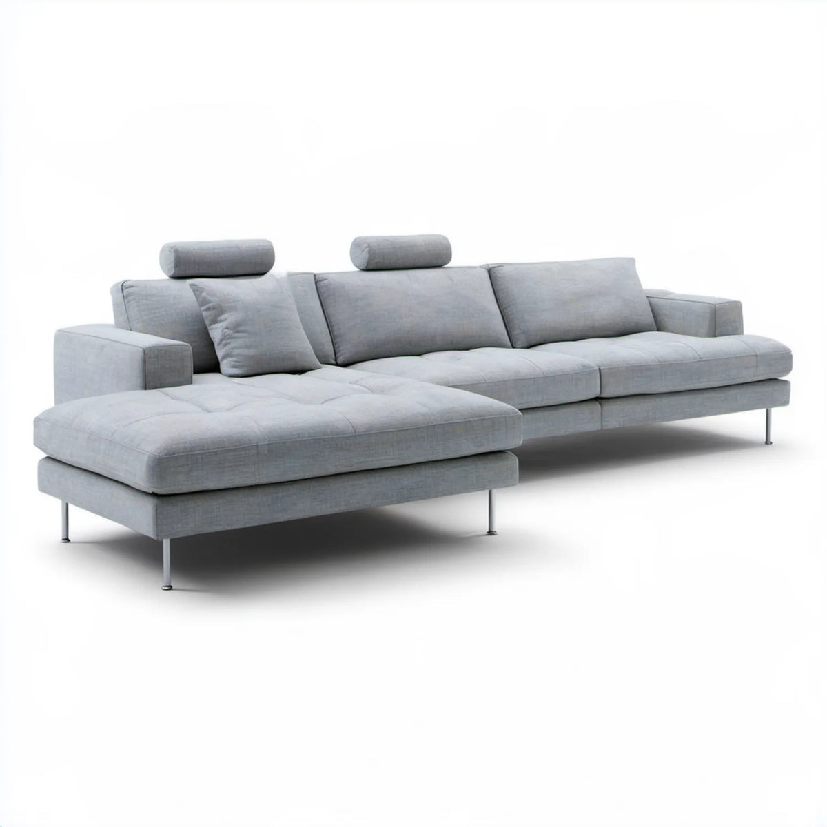 Jasnoszara sofa narożna L z lewostronnym szezlongiem i regulowanymi zagłówkami, 300 × 170 × 85 cm