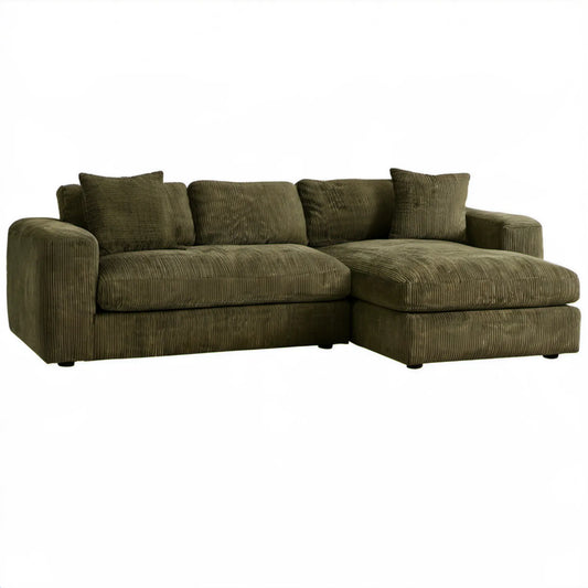 Oliwkowa sofa narożna z szezlongiem po prawej stronie, sztruks poliestrowy, 220 x 150 x 85 cm