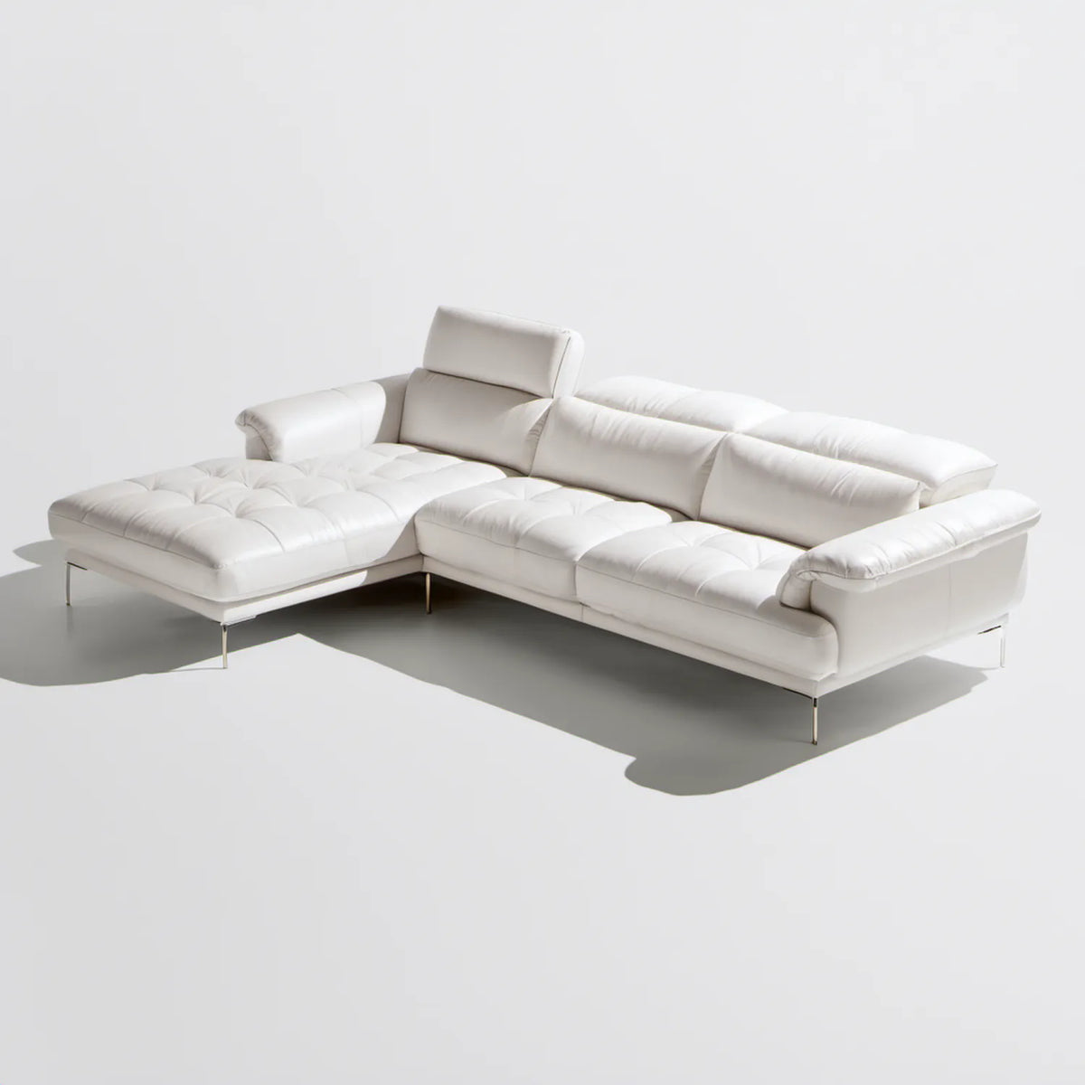 Biała sofa narożna L z szezlongiem i regulowanym zagłówkiem, skóra syntetyczna PU, 290 x 165 x 78 cm