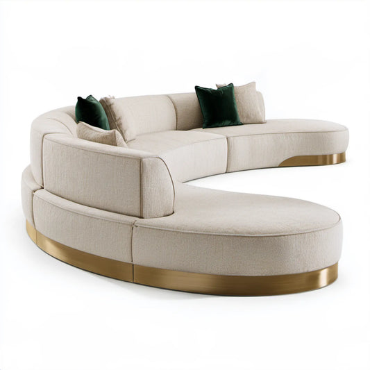 Kremowa łukowa sofa z szezlongiem i złotą podstawą 300 x 220 x 78 cm