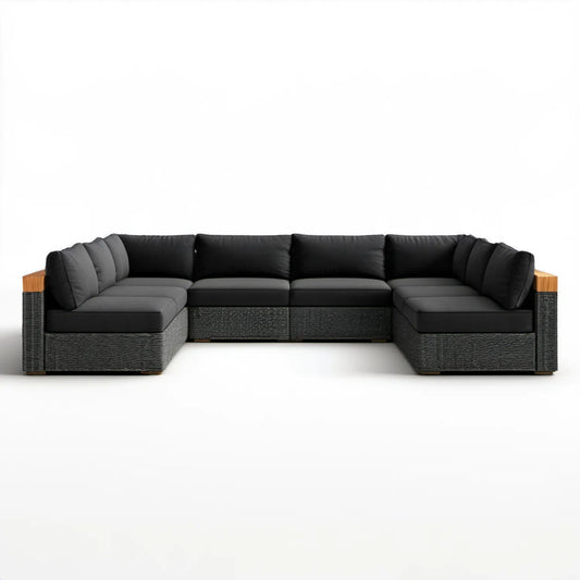 Modułowa sofa ogrodowa w kształcie U z technorattanu PE, Czarny/Brązowy/Ciemnoszary, 300 x 220 x 72 cm