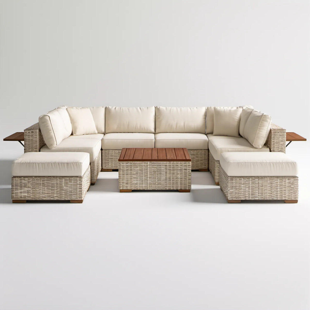 Beżowy modułowy zestaw wypoczynkowy w kształcie U z technorattanu PE 300 × 220 × 85 cm