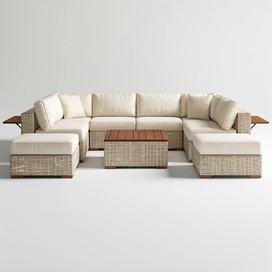 Beżowy modułowy zestaw wypoczynkowy w kształcie U z technorattanu PE 300 × 220 × 85 cm