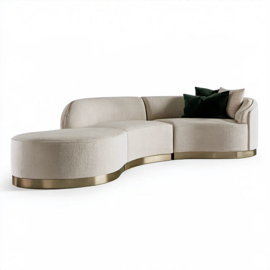 Kremowa sofa modułowa z lewostronnym szezlongiem i złotą podstawą 310 x 175 x 75 cm