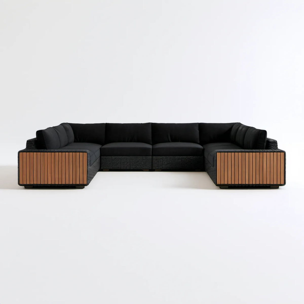 Narożna sofa ogrodowa w kształcie U z technorattanu i drewna akacjowego, czarno-brązowa, 300 × 90 × 70 cm