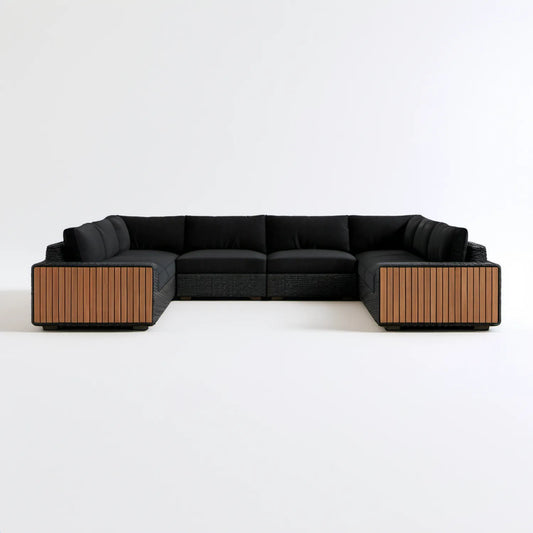 Narożna sofa ogrodowa w kształcie U z technorattanu i drewna akacjowego, czarno-brązowa, 300 × 90 × 70 cm