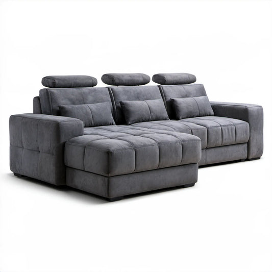 Grafitowa sofa narożna lewostronna 3-osobowa z szezlongiem, mikrofibra poliestrowa, 285 × 170 × 98 cm