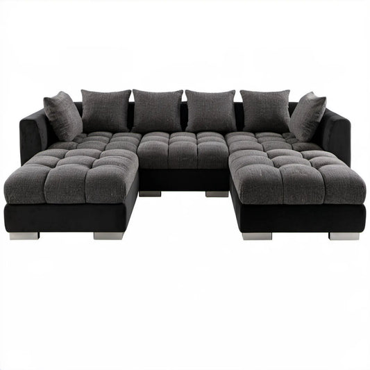 6-osobowa sofa narożna w kształcie U, czarno-ciemnoszara, 330 x 200 x 85 cm