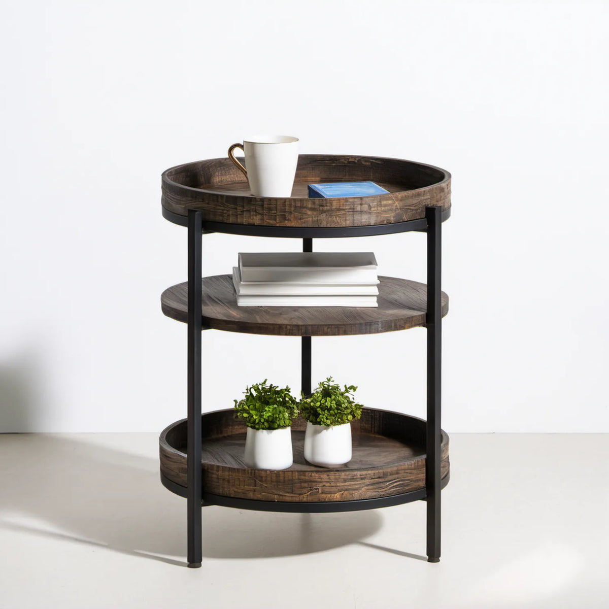 Okrągły stolik boczny z 3 półkami MDF i stalowym stelażem, ciemnobrązowy/czarny, Ø 40 × 80 cm