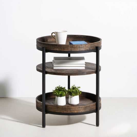 Okrągły stolik boczny z 3 półkami MDF i stalowym stelażem, ciemnobrązowy/czarny, Ø 40 × 80 cm