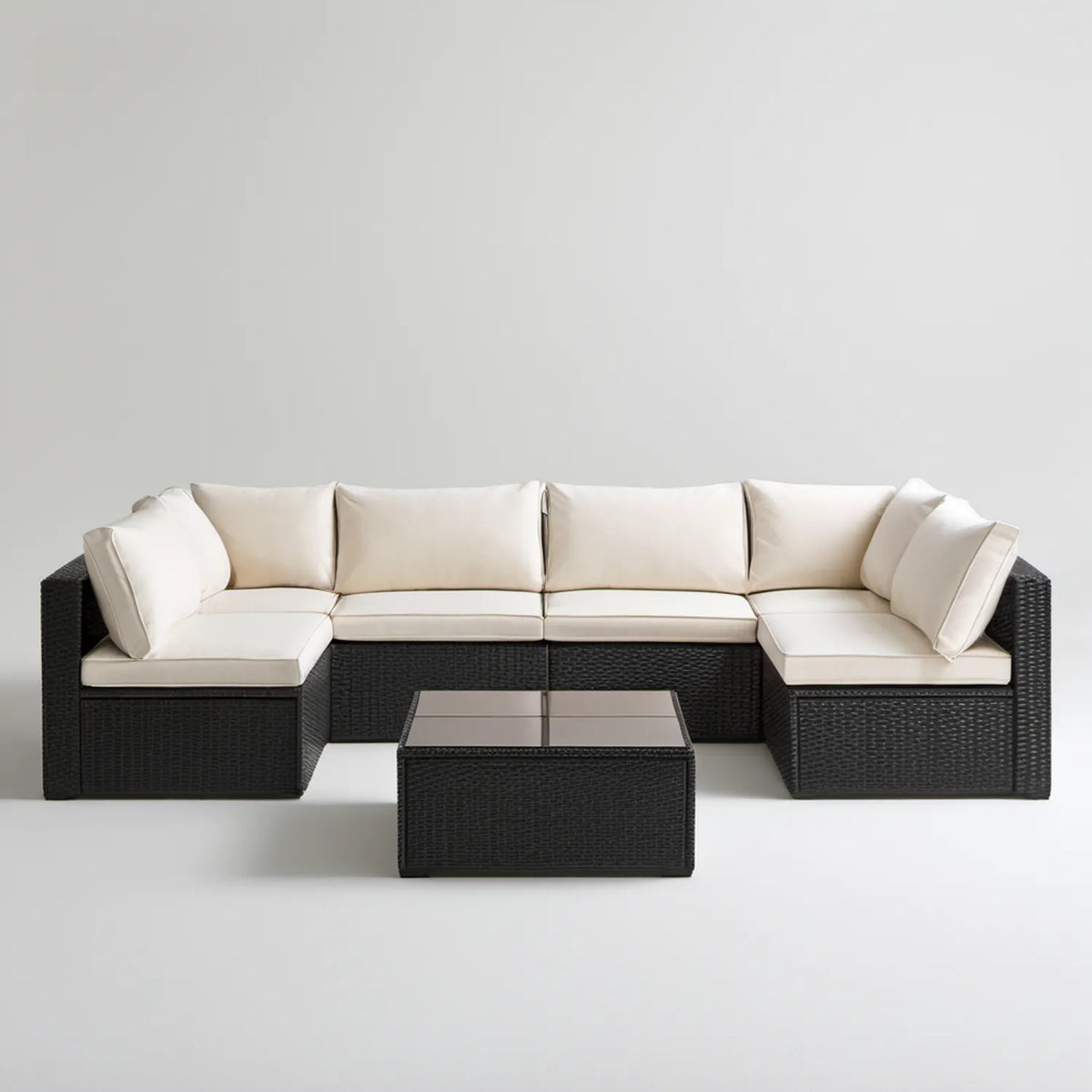 Narożny zestaw wypoczynkowy z technorattanu PE, czarno-kremowy, 280 × 210 × 65 cm, stolik 70 × 70 × 35 cm