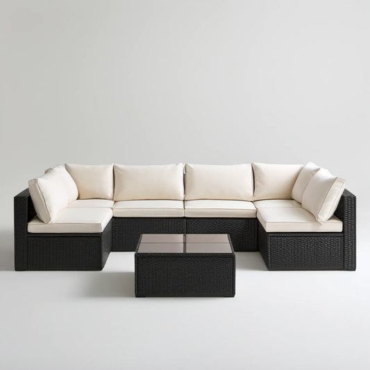 Narożny zestaw wypoczynkowy z technorattanu PE, czarno-kremowy, 280 × 210 × 65 cm, stolik 70 × 70 × 35 cm